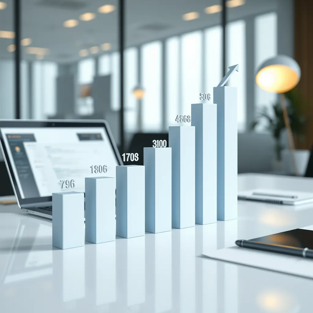 A photorealistic illustration of a bar graph with numbers rising steadily, representing measurable achievements. The background should be a professional office setting with a laptop and a CV displayed on the desk.