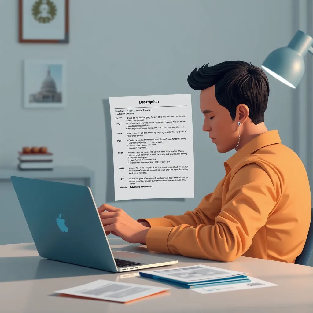 A photorealistic illustration of a person sitting at a desk, carefully reviewing a job description and customizing a CV on a laptop. The image should convey the process of tailoring a CV to specific job requirements.