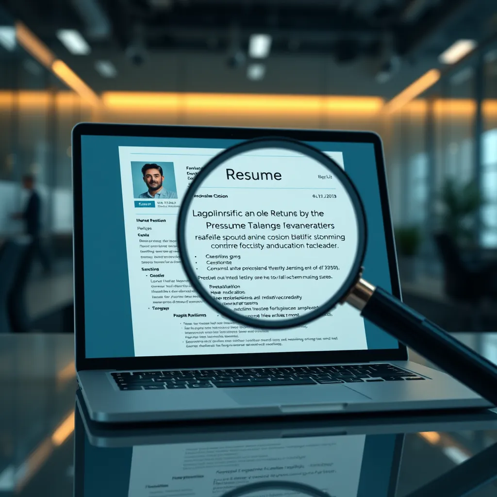 A professional, modern resume on a laptop screen, with a magnifying glass highlighting a specific section related to a job description. The background should be a sleek office environment with subtle light effects.