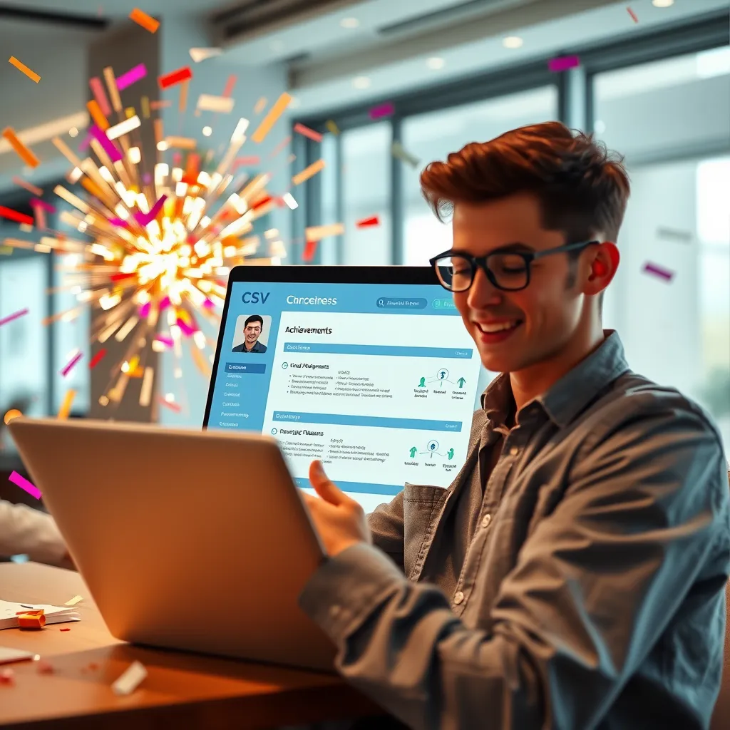 A scene of a young professional reviewing their CV on a laptop, with a celebratory confetti burst in the background. The CV should have a professional, modern design with clear achievements and quantifiable metrics. The laptop screen should be bright and vibrant, with a focus on the achievements section. The background should be a modern office setting with a soft light coming in from a large window. The image should have a cheerful and vibrant color palette, with a playful and dynamic style. Render in 8K resolution with a photorealistic style, capturing the energy and excitement of success.