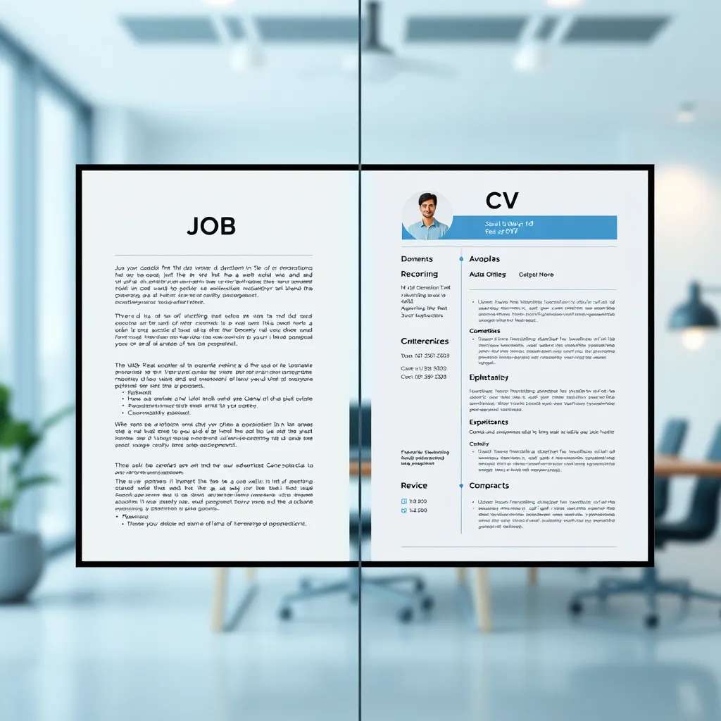 A split-screen image, with one side showing a job advertisement and the other showing a tailored CV. The job advertisement should be a professional document with details of the role and company. The CV should be a clean, visually appealing document highlighting skills and experience relevant to the advertised job. The image should have a high-contrast, professional look, with a cool color palette. The background should be a modern office setting with a subtle gradient effect. Render in 8K resolution with a stylized flat design, emphasizing the key elements of each document.