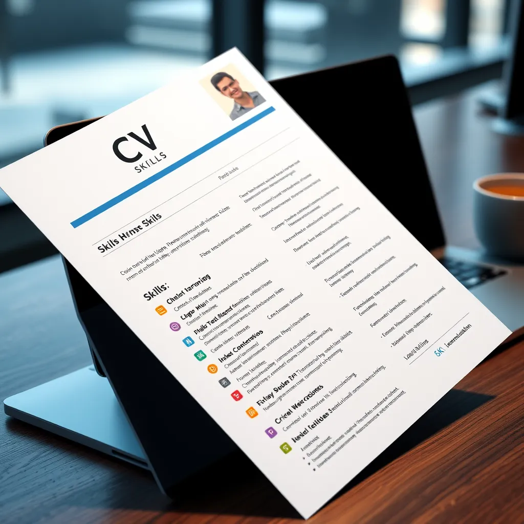 An image of a CV with a visually appealing skills section. The skills are categorized and presented using icons or a color-coded system. The background could be a modern office setting with a laptop and a cup of coffee.