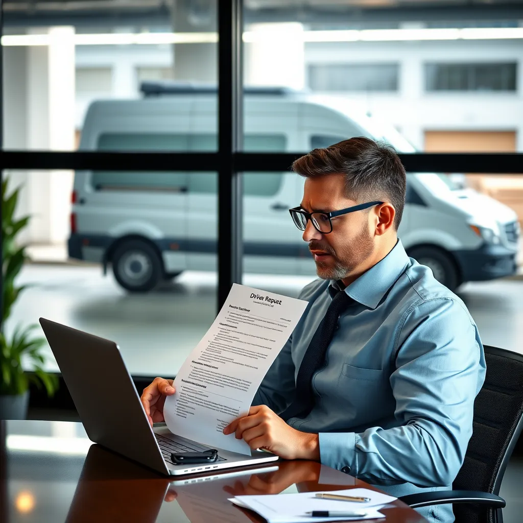 A businessperson sitting at a desk with a laptop open, reviewing a driver's resume and background check report. The background is a modern office setting with a van parked outside the window.