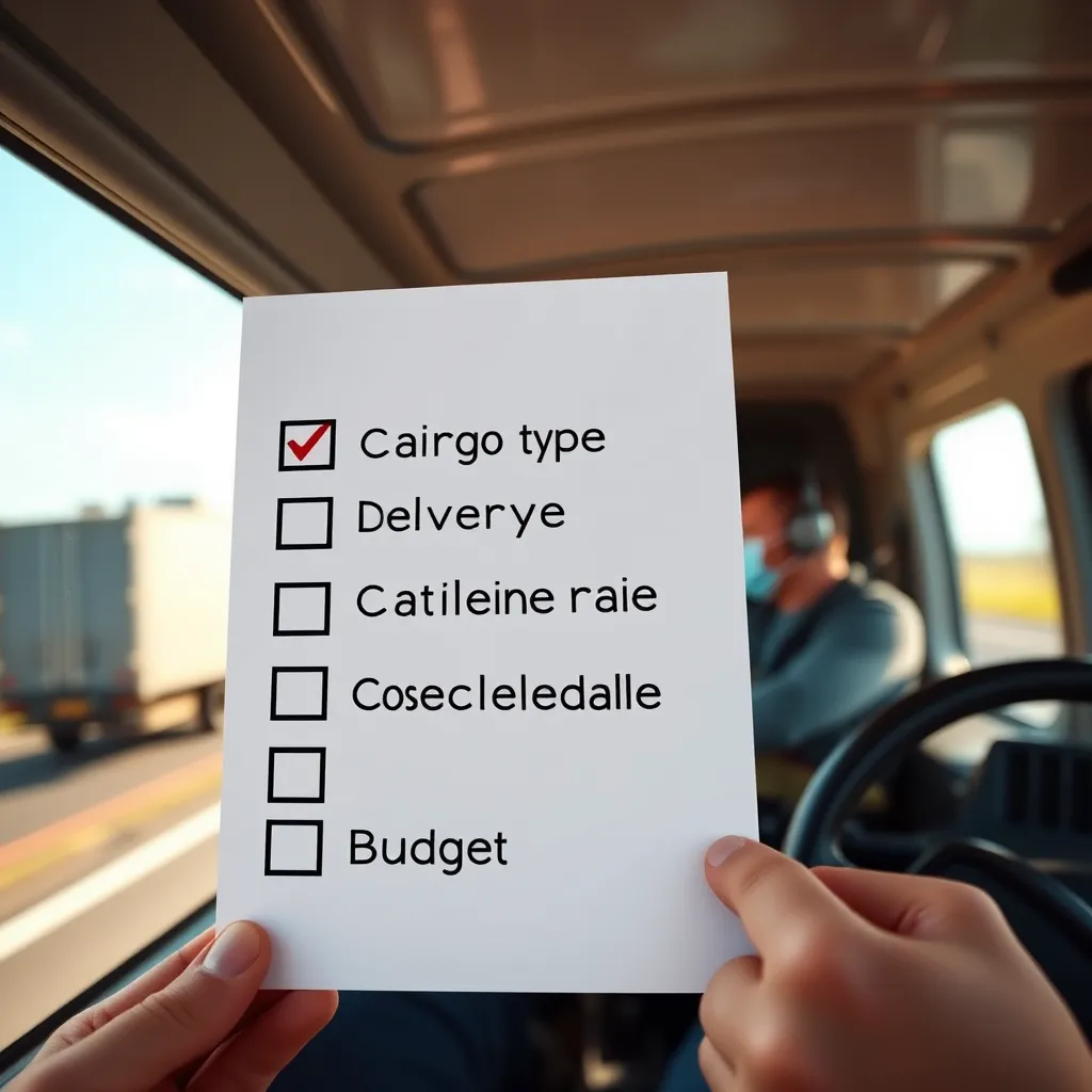 A checklist with checkmarks next to 'cargo type', 'delivery areas', 'schedule', and 'budget', with a van driver in the background, driving on a road with cargo inside the van. The background should be a bright, sunny day.