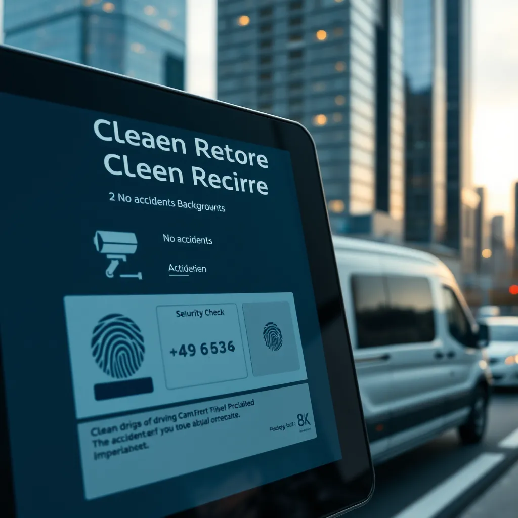 A close-up shot of a digital tablet displaying a clean driving record with no accidents, next to a security camera icon and a fingerprint scan, signifying a thorough background check, all against a backdrop of a city skyline with a moving van driving through it.