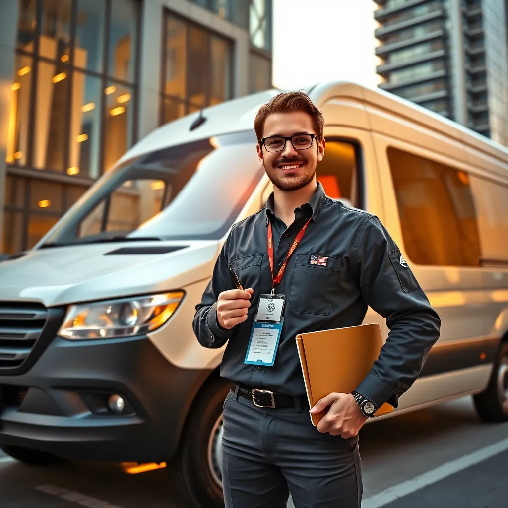 A photorealistic image of a van driver standing proudly next to a modern cargo van, showcasing the driver's professional attire, a badge with the van company logo, and a clipboard with a list of important driver credentials. The lighting is warm and inviting, with natural sunlight streaming through the windows of the van, highlighting the driver's friendly and confident expression. The image should be captured from a slightly low angle to emphasize the driver's stature and professionalism. The background is a bustling cityscape with the van parked in front of a modern office building, signifying reliability and trustworthiness. The image should be rendered in 8K resolution, with sharp details and a sense of realism, emphasizing a high-quality image for a trustworthy and professional van driver selection guide.