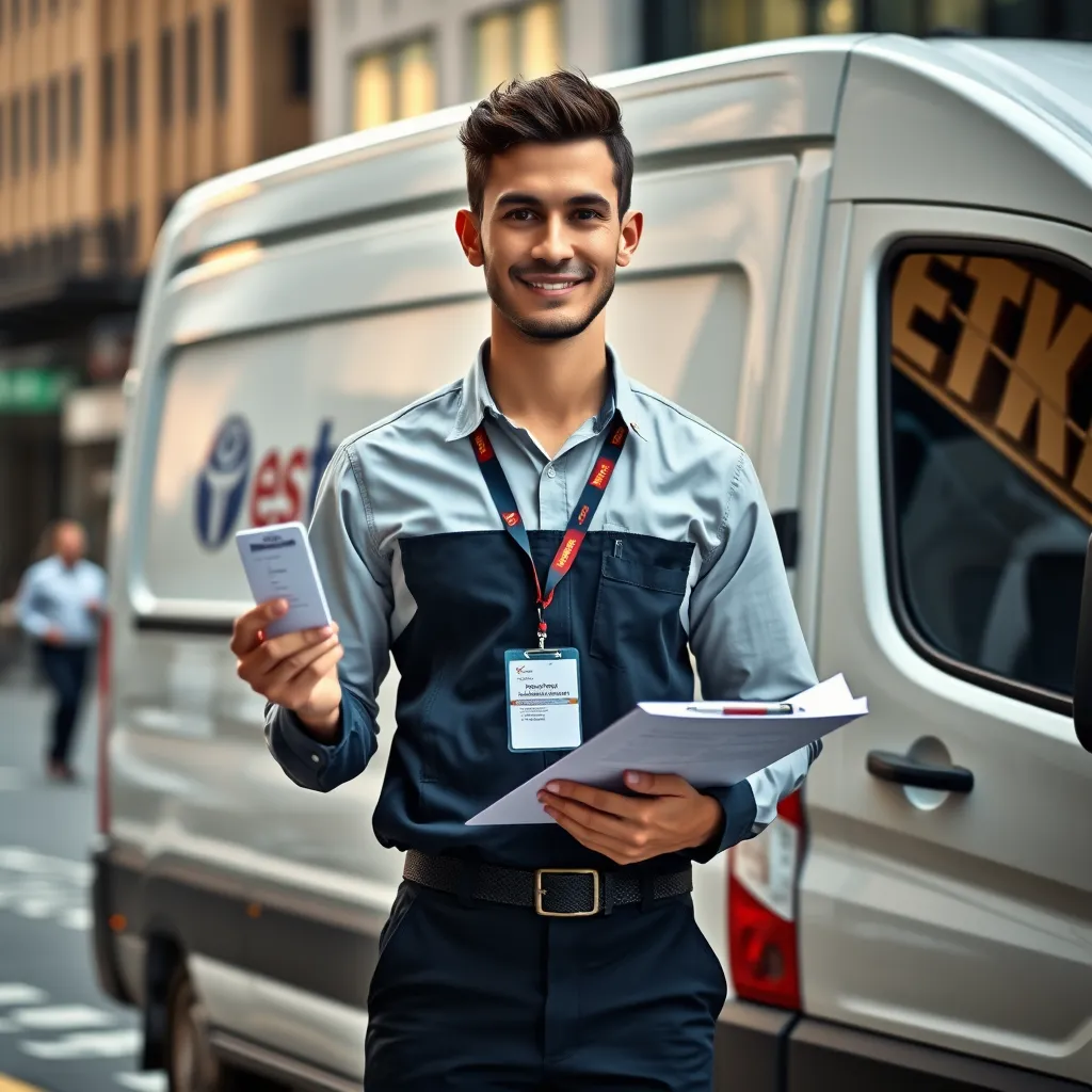 A professional van driver in a crisp uniform, holding a driver's license in one hand and a clipboard with a checklist in the other, standing in front of a gleaming white van with the company logo on the side, a bustling city backdrop behind them.