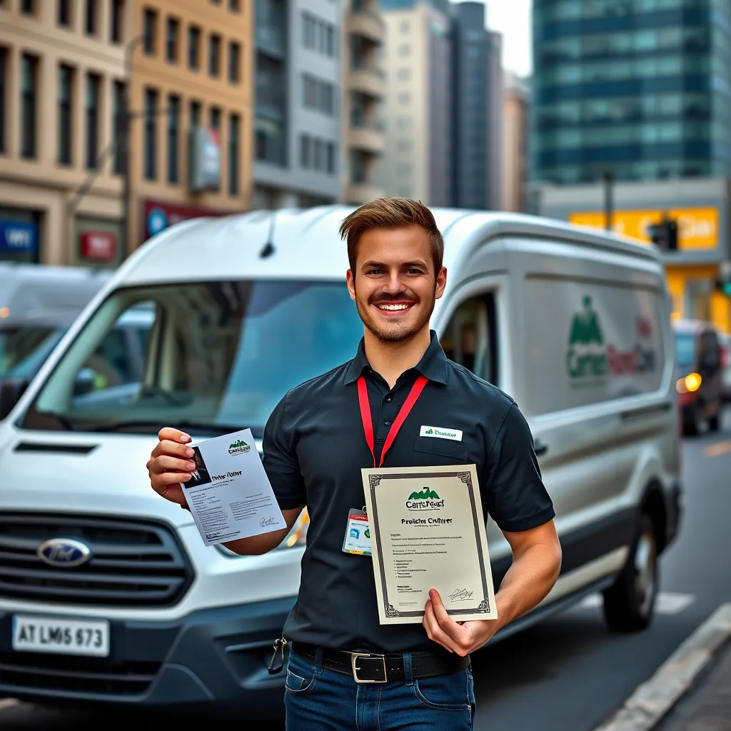 A professional van driver with a friendly smile, holding a driver's license and a certificate in their hands, standing in front of a modern white van with a company logo on the side. The background is a bustling city street with other vehicles and buildings.