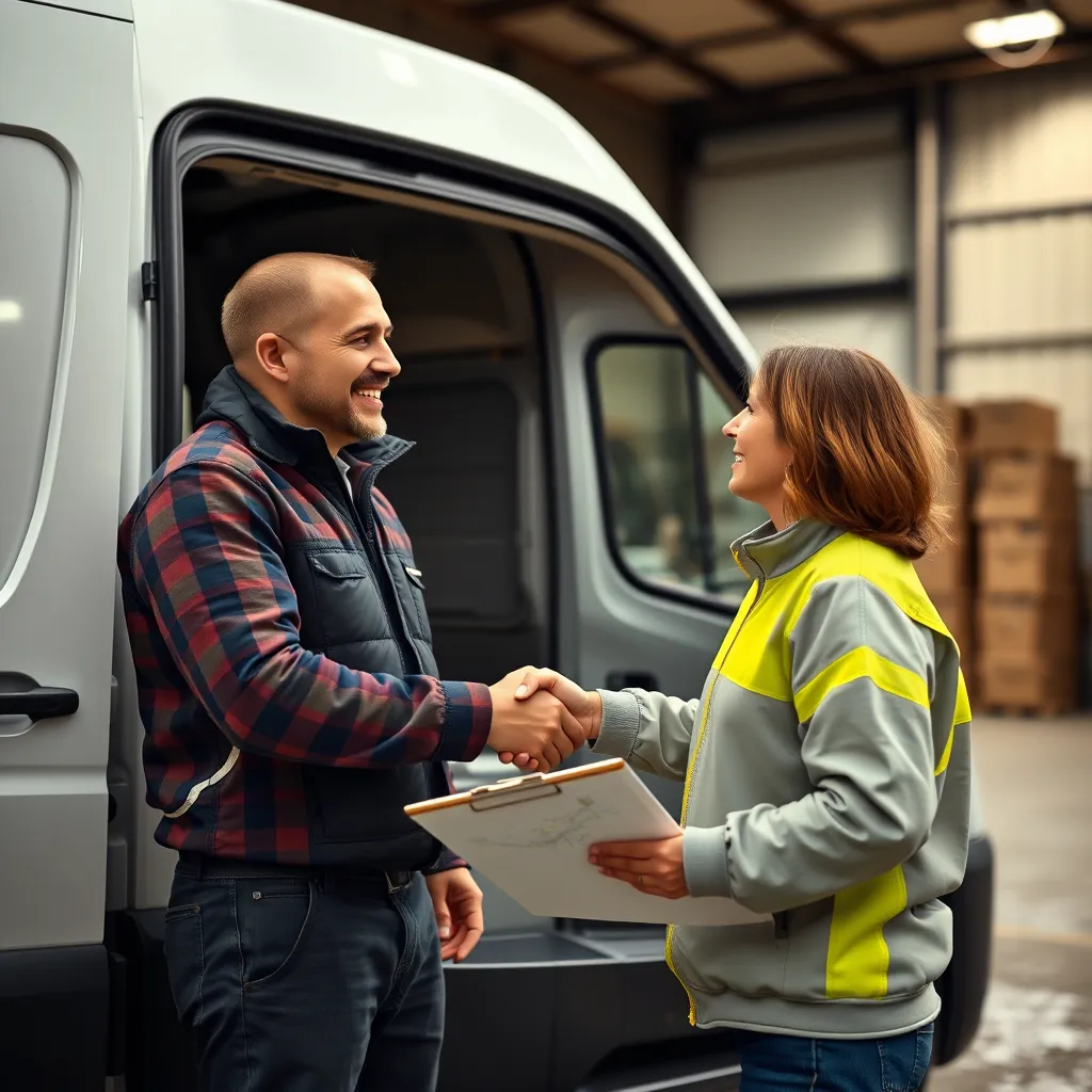 A van driver and a client shaking hands in front of a van, with a map and a clipboard next to them. The background is a warehouse or loading dock, emphasizing the collaborative and communicative nature of the relationship.