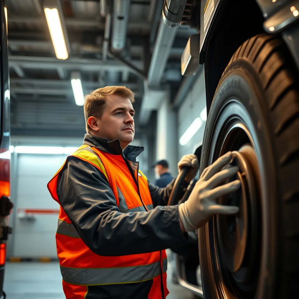 A van driver meticulously inspecting a van's tires and brakes in a garage, wearing a safety vest and gloves. The scene is illuminated by bright lights and the driver has a serious expression on their face, highlighting their commitment to safety.