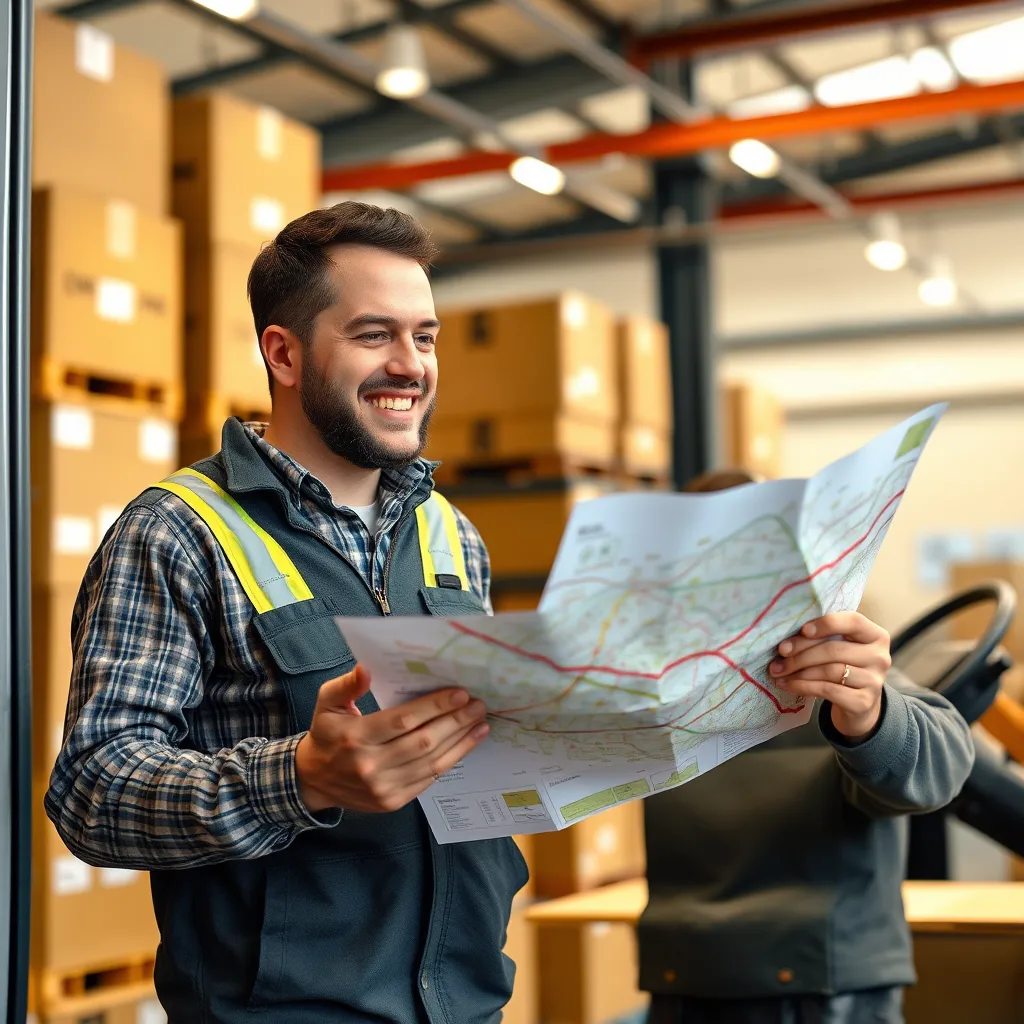 A van driver patiently explaining a delivery route to a customer, smiling and gesturing with a map in their hand. The scene is set in a brightly lit warehouse with boxes stacked neatly in the background.