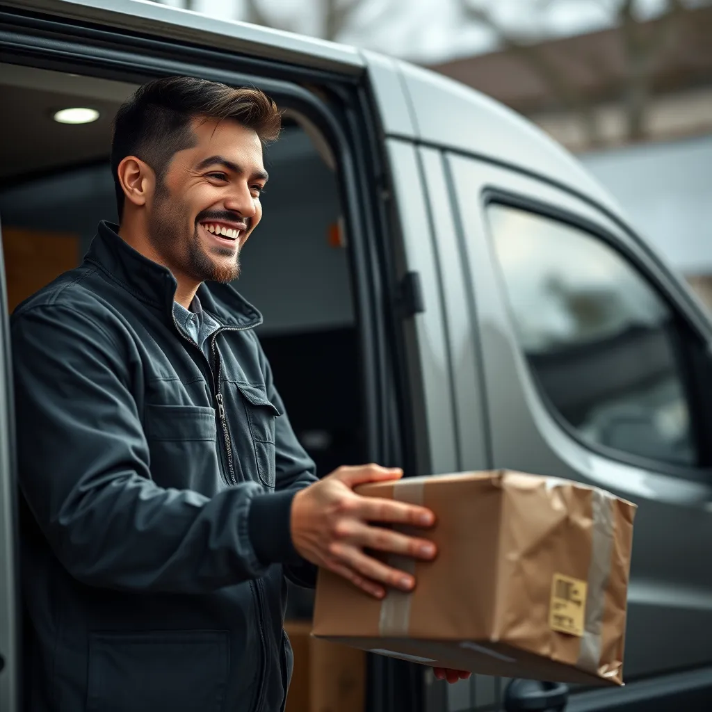 A van driver smiling warmly and interacting with a customer, handing over a package while explaining delivery details, with a clear and friendly tone, with a van parked in the background, showcasing a professional and positive customer interaction.