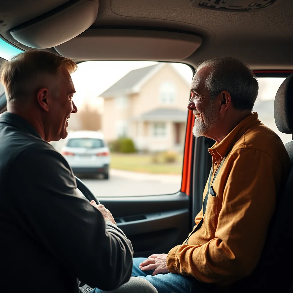 A warm, inviting image of a van driver interacting with a customer, showcasing genuine communication and friendly service. The lighting is soft and diffused, creating a welcoming atmosphere. The driver is engaging in a conversation with the customer, demonstrating active listening and helpfulness. The background is a pleasant suburban neighborhood with a van parked in the driveway, emphasizing a sense of trust and comfort. The image should be rendered in 8K resolution with a focus on the interaction between the driver and the customer, highlighting the driver's positive attributes and exceptional customer service skills.