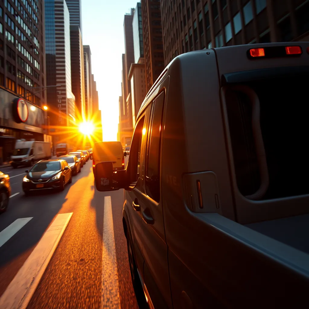 An image of a driver skillfully maneuvering a delivery van through a busy city street, showcasing expert navigation and handling of the vehicle. The lighting is dynamic with the sun setting in the background, casting long shadows on the street. The driver's focus is on the road, conveying a sense of professionalism and dedication. The background is a bustling cityscape with various vehicles and pedestrians, highlighting the complexity of the environment. The image should be rendered in 8K resolution with a wide-angle perspective to capture the dynamism of the scene, emphasizing the driver's competence and experience in navigating challenging urban environments.