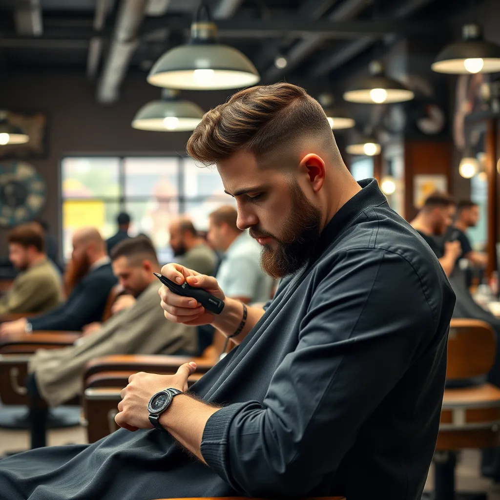 A barber giving a customer a stylish haircut with clippers, surrounded by other customers getting different haircuts, including beard trims and hair coloring, in a well-lit barbershop with vintage chairs and a modern aesthetic.