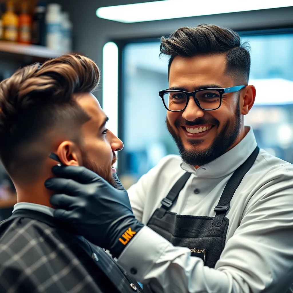 A barber with a confident smile, expertly using clippers and scissors to give a customer a stylish haircut. The background is a well-lit barbershop with various styling products and tools on display. The image should highlight the barber's skills and the focus on detail.