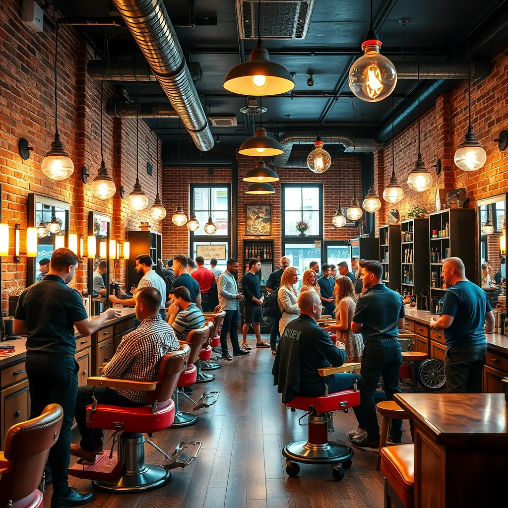 A captivating image showcasing the inviting atmosphere of a contemporary barber shop. The scene is vibrant and full of energy, with a mix of customers and barbers interacting in a friendly and casual setting. The space is well-designed, featuring exposed brick walls, vintage barber chairs, and modern lighting fixtures. The color palette is warm and inviting, with natural wood tones and pops of bold color. The image captures a sense of community and camaraderie, highlighting the importance of a welcoming and stylish environment. Render the image in ultra-high resolution with a focus on capturing the lively atmosphere and authentic details of the shop.