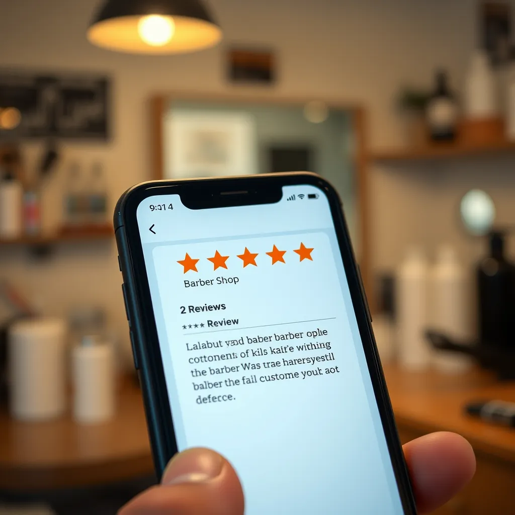 A close-up image of a smartphone screen displaying a positive online review of a barber shop. The review should be highlighted with a star rating and a comment praising the barber's skills and customer service. The background should be a blurred image of the barber shop's interior, with tools and products visible.