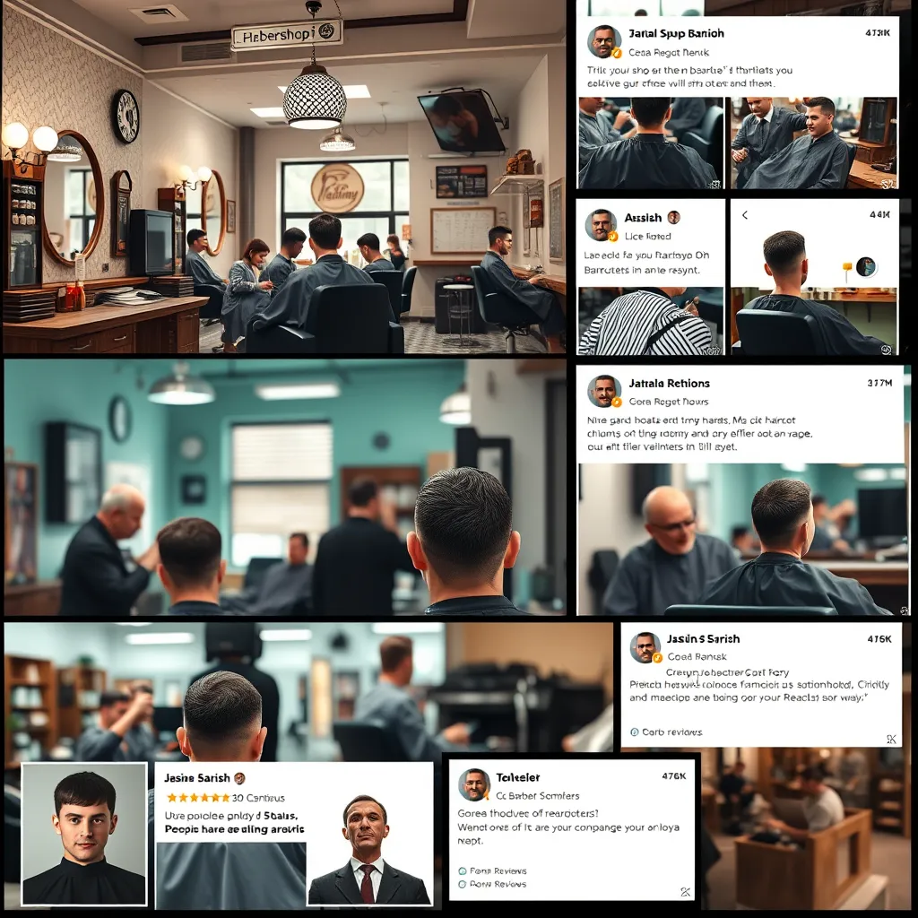 A collage of images showing a barbershop with a friendly atmosphere, customers receiving haircuts, before and after photos of haircuts, and online reviews with positive comments about the shop.