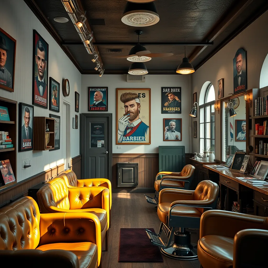 A cozy and stylish barbershop interior. The walls should be adorned with vintage barber posters and artwork, and there should be a comfortable waiting area with plush leather chairs and magazines. The barber shop should be well-lit and have a clean and inviting aroma.