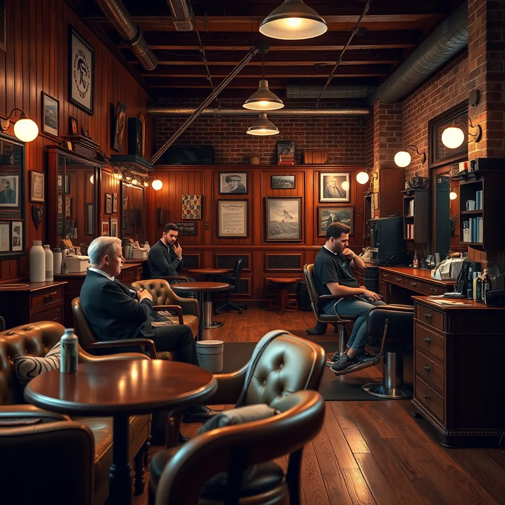 A cozy barbershop with vintage furniture, wood paneling, and exposed brick walls. Two barbers are chatting with customers while cutting their hair, creating a relaxed and friendly atmosphere. The image should evoke a sense of warmth and community.
