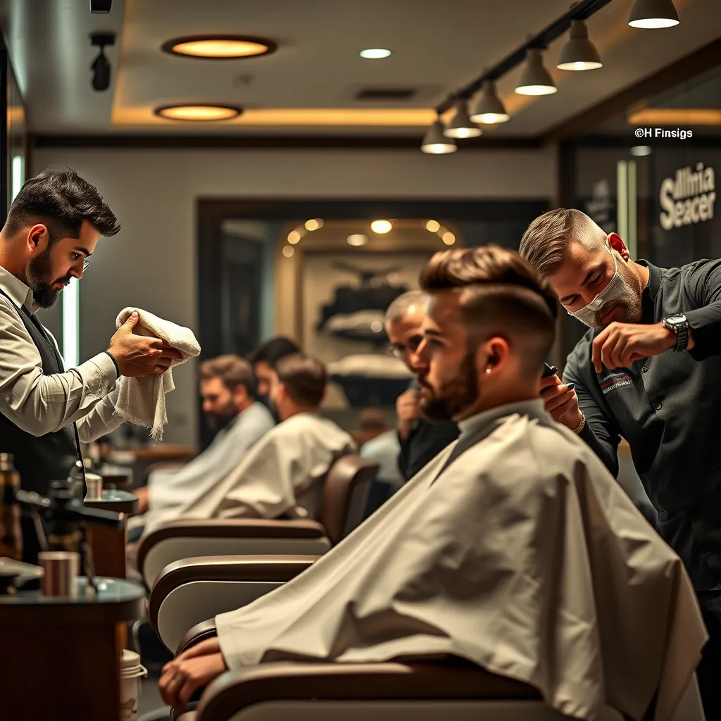 A detailed and visually appealing image depicting a range of services offered at a high-end barber shop. The scene features multiple barbers working on different clients, showcasing the diverse skills and expertise of the team. The image includes a barber applying a hot towel to a client's face, another barber expertly trimming a beard, and a third barber styling a client's hair with precision. The shop is equipped with state-of-the-art tools and products, highlighting the commitment to quality and professionalism. The lighting is soft and diffused, creating a luxurious and inviting atmosphere. The image captures the meticulous attention to detail and the dedication to providing exceptional service. Render the image in 8K resolution, emphasizing the high-quality services and the skilled professionals who deliver them.