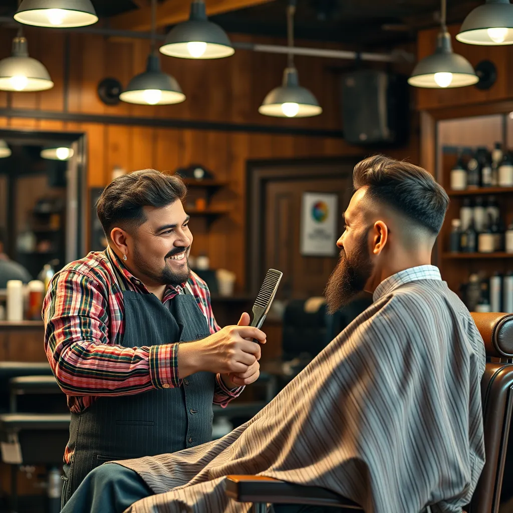 A friendly barber talking to a customer about their hair goals while holding a comb and scissors in a well-maintained barbershop with a warm and inviting ambiance, with vintage barber chairs and wood-paneled walls.