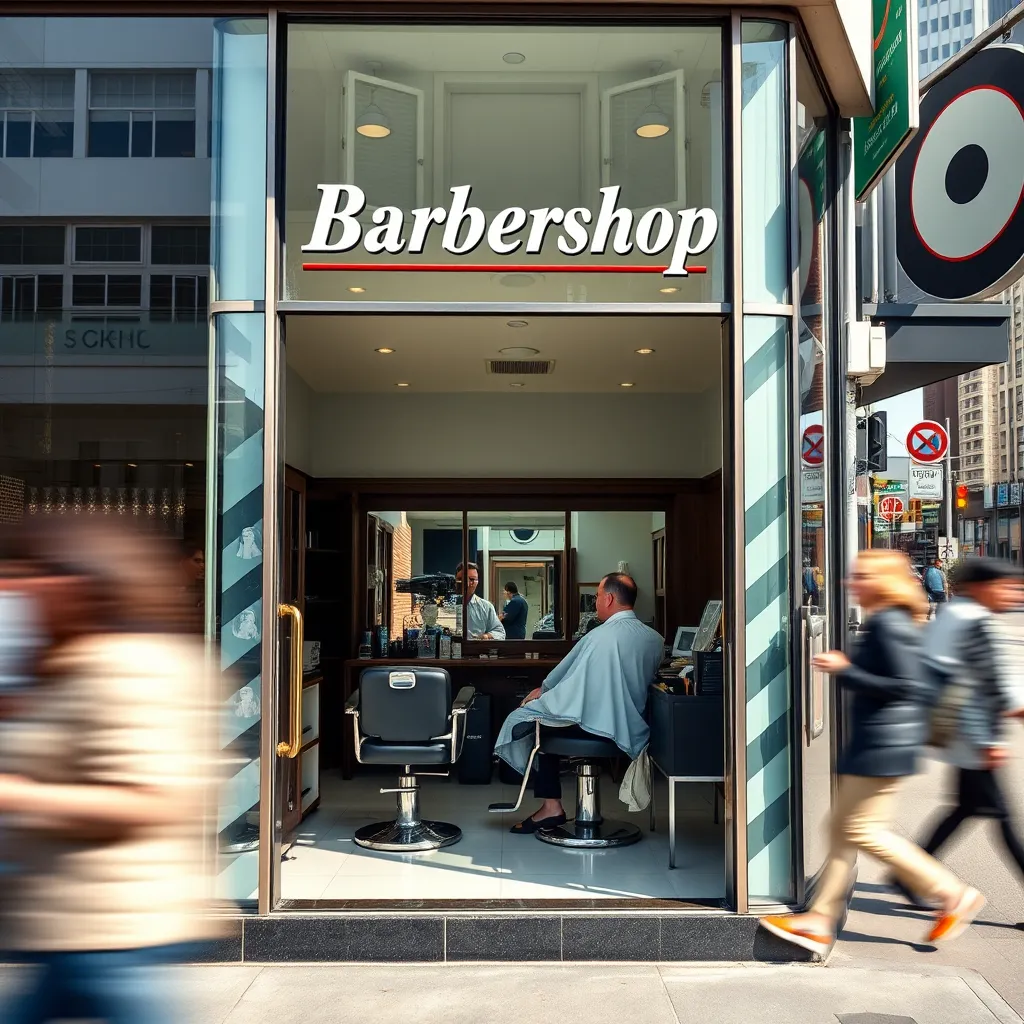 A modern barbershop with a clean and welcoming interior, located in a busy city street with people walking by. The shop has a large glass window with a sign that reads "Barbershop." There are chairs and mirrors inside, and a barber is cutting a customer's hair. The image should convey a sense of convenience and accessibility.