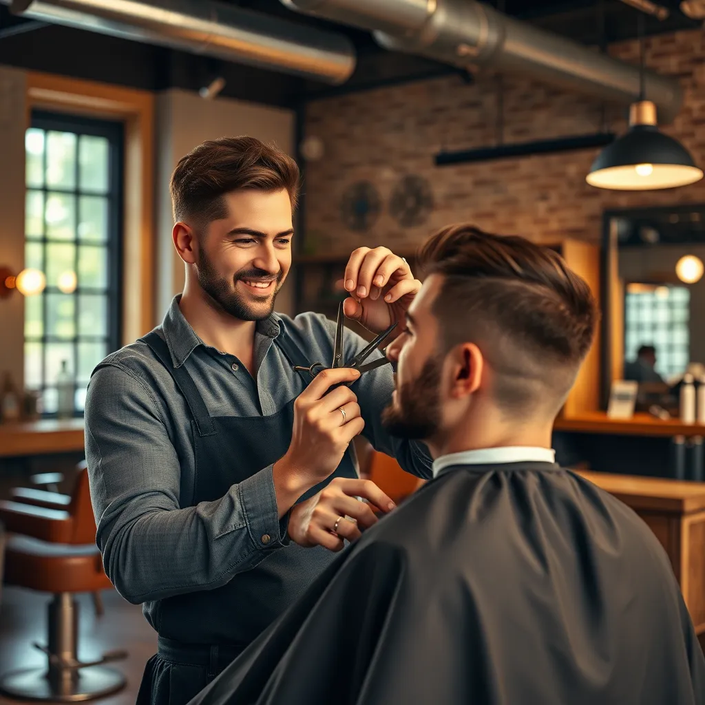 A photorealistic image of a young man getting a haircut from a skilled barber in a modern barber shop. The barber has a confident and friendly demeanor, with a focused expression as they meticulously trim the client's hair with sharp shears. The lighting is warm and inviting, casting a soft glow on the scene. The barber shop features sleek wooden furniture, exposed brick walls, and vintage barber chairs. The client is relaxed and engaged in conversation with the barber, suggesting a comfortable and enjoyable experience. The image captures a sense of professionalism, craftsmanship, and personalized service, highlighting the importance of finding a skilled and attentive barber. Render the image in 8K resolution with ultra-realistic details and a natural color palette.