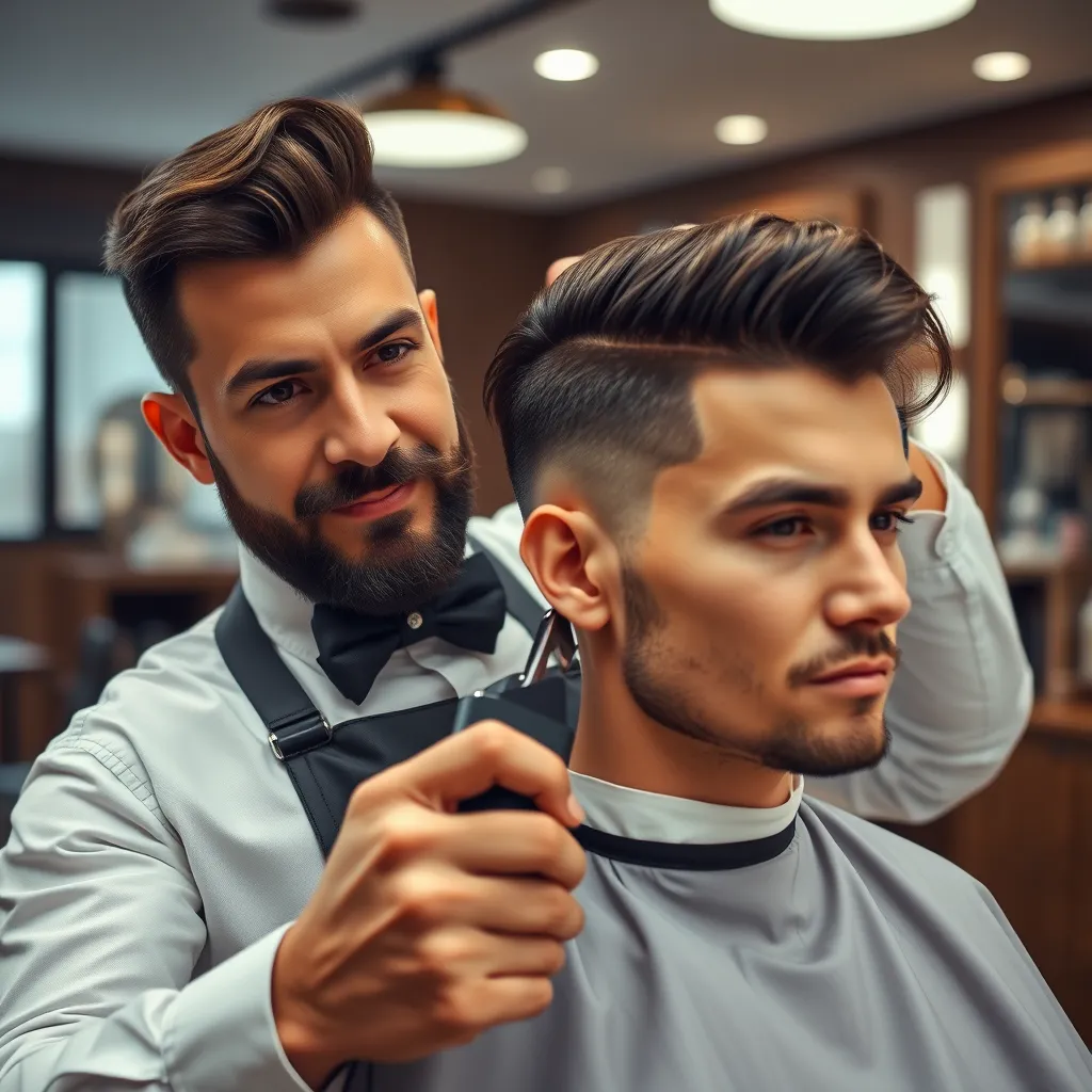 A stylish barber with a confident expression, skillfully using clippers on a customer's hair. The barber should be wearing a clean, professional uniform, and the customer should be sitting in a comfortable barber chair. The background should be a modern and well-lit barbershop with classic barber tools and products on display.