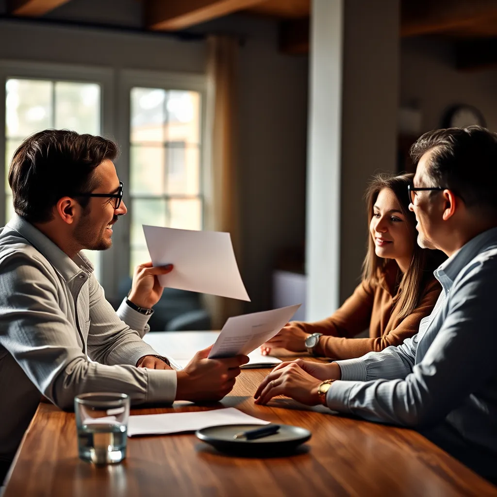 A group of people, including a real estate agent, sitting around a table, engaged in a lively discussion. The agent is holding a document, while the others are listening attentively, emphasizing the importance of clear communication and transparency in the real estate process.