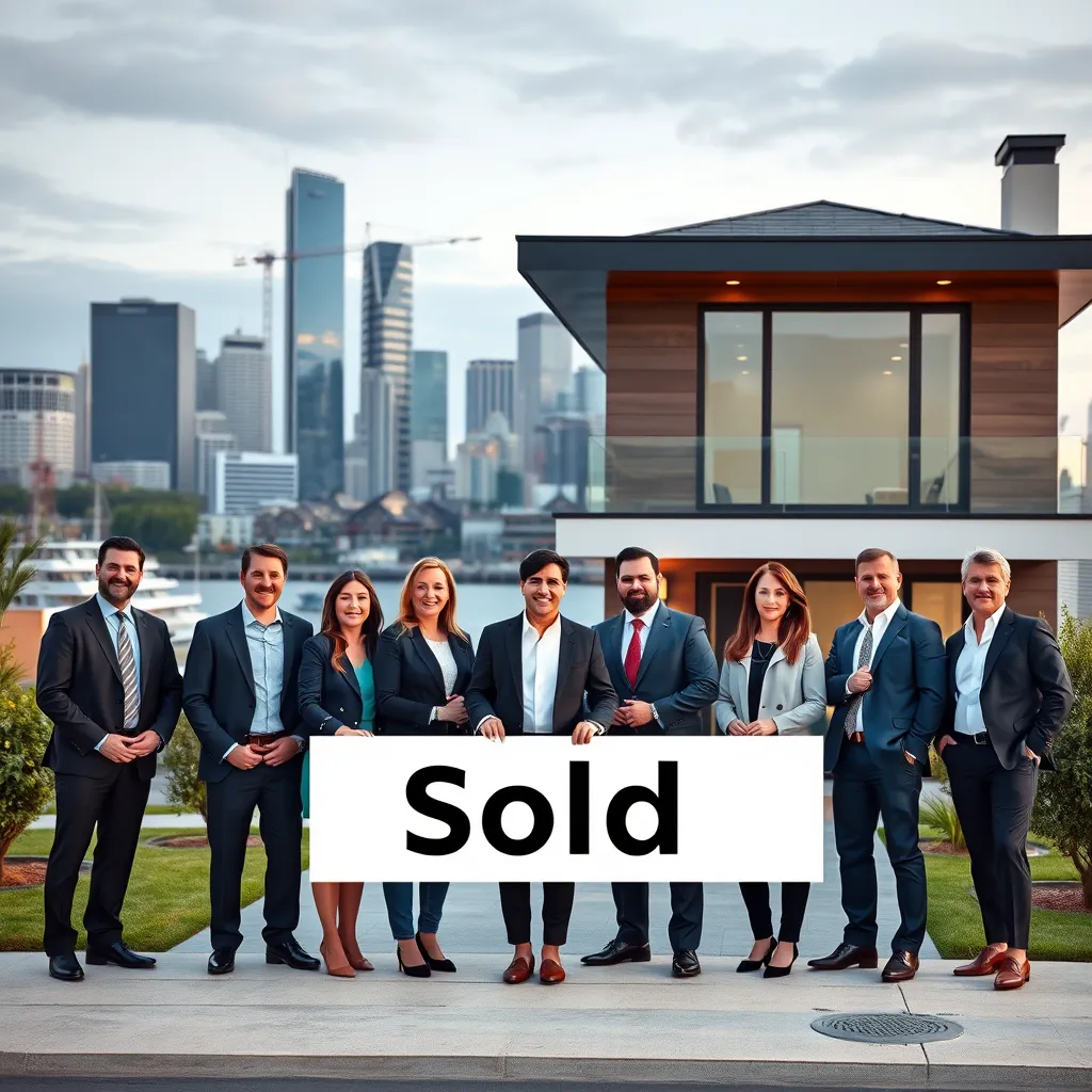 A group of real estate agents standing in front of a modern, stylish house, smiling and holding a sign that says 'Sold' with a city skyline in the background. They are all wearing professional attire and look confident and successful.