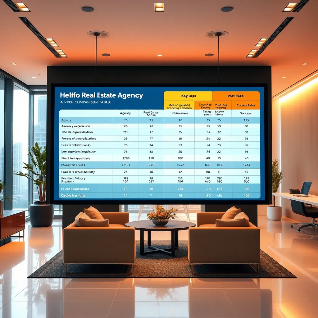 A hyperrealistic image showcasing a large, interactive screen displaying a comparison table of different real estate agencies. The screen is placed in a sleek, modern office environment. The table features key criteria such as agency experience, areas of specialization, fees, client testimonials, and success rates. The image should be brightly lit with warm, inviting tones. The camera angle should be slightly tilted, creating a dynamic perspective. The composition should emphasize the screen, highlighting the information in a visually appealing manner. The image should be ultra-detailed, including realistic textures and materials for the screen, furniture, and office surroundings. The style should be inspired by futuristic technology interfaces, capturing the efficiency and clarity of the information presented.