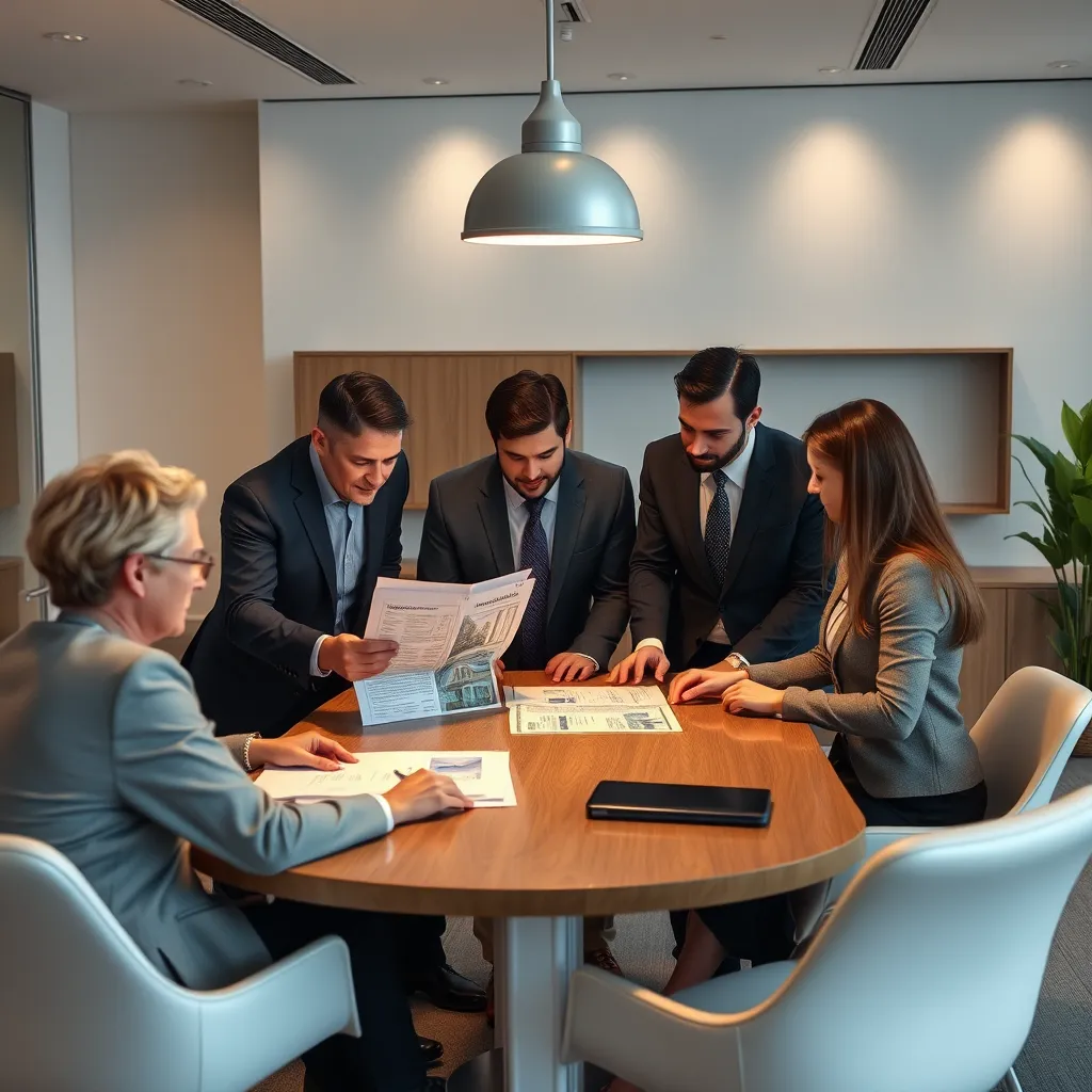 A modern, minimalist office space with a team of professional real estate agents gathered around a table, reviewing a file of recent successful transactions, showcasing their expertise and track record. The scene should convey a sense of professionalism and accomplishment.