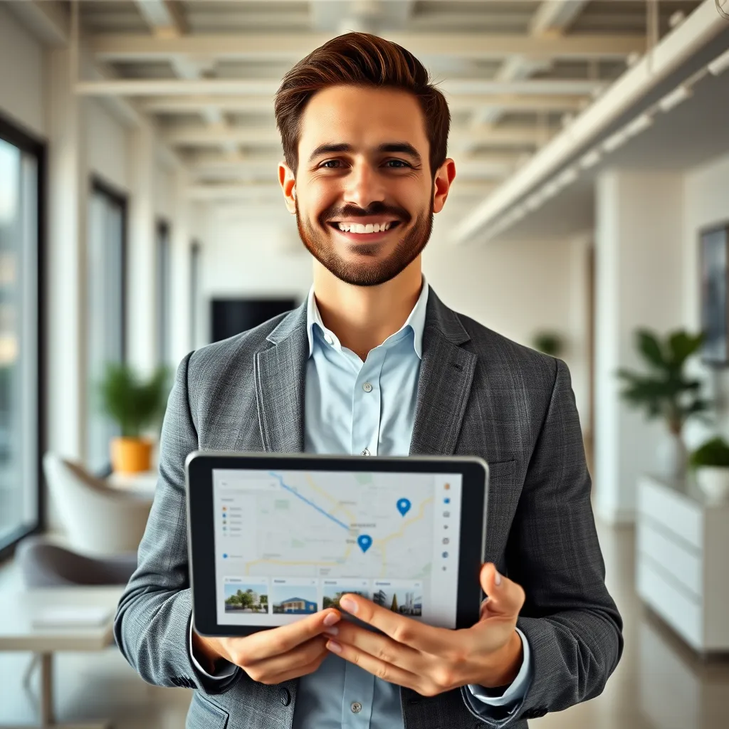 A photorealistic image depicting a real estate professional with a warm, reassuring smile. They are standing in a well-lit and spacious office, holding a tablet displaying a map with various real estate listings. The image should capture a sense of expertise and trustworthiness. The mood should be positive, confident, and inviting. The lighting should be soft and natural, highlighting the professional's friendly face and the details of the office environment. The camera angle should be slightly below eye level, creating a sense of connection and trust. The composition should focus on the professional, with the office environment as a backdrop. The image should be ultra-detailed with realistic textures and materials, including the professional's attire, the office decor, and the tablet's display. The style should be inspired by contemporary photography, capturing the professionalism and approachability of the real estate professional.