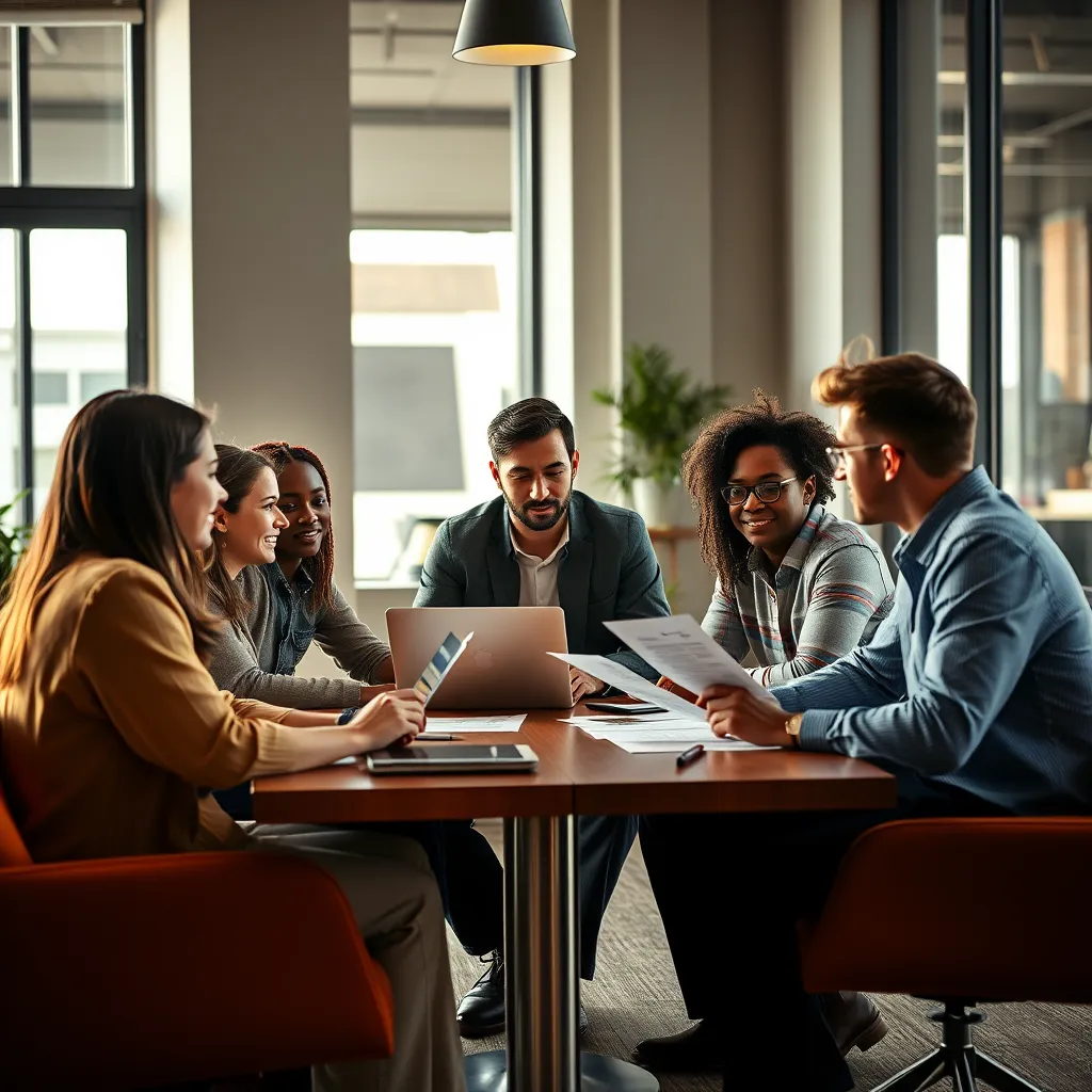 A photorealistic image of a group of diverse people sitting around a table in a modern, well-lit office. They are engaged in a conversation, looking at a laptop and real estate documents. The mood is professional, optimistic, and collaborative. The image should have a warm, inviting color palette with natural light streaming in from a large window. The camera angle should be slightly above eye level, capturing the group from a slightly elevated perspective. The composition should focus on the group and their interaction, with the office environment as a backdrop. The image should be ultra-detailed with realistic textures and materials for the furniture, clothing, and office environment. The style should be inspired by contemporary photography, capturing the authenticity of a genuine interaction.