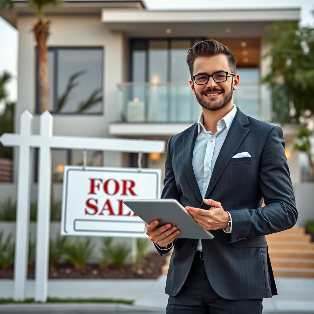 A professional real estate agent standing confidently in front of a modern, luxurious home with a 'For Sale' sign in the foreground. The agent is dressed in a stylish suit and holding a tablet, showcasing their expertise and experience in the real estate market.