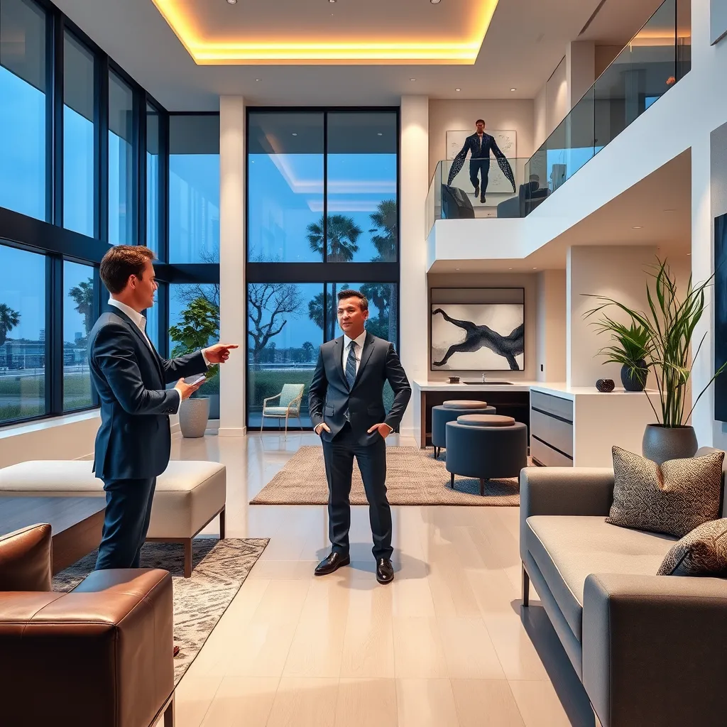 A real estate agent, dressed in a smart business suit, is showing a potential buyer around a luxurious modern home. The agent is pointing out features and discussing the property's value, highlighting their expertise and deep knowledge of the local market.