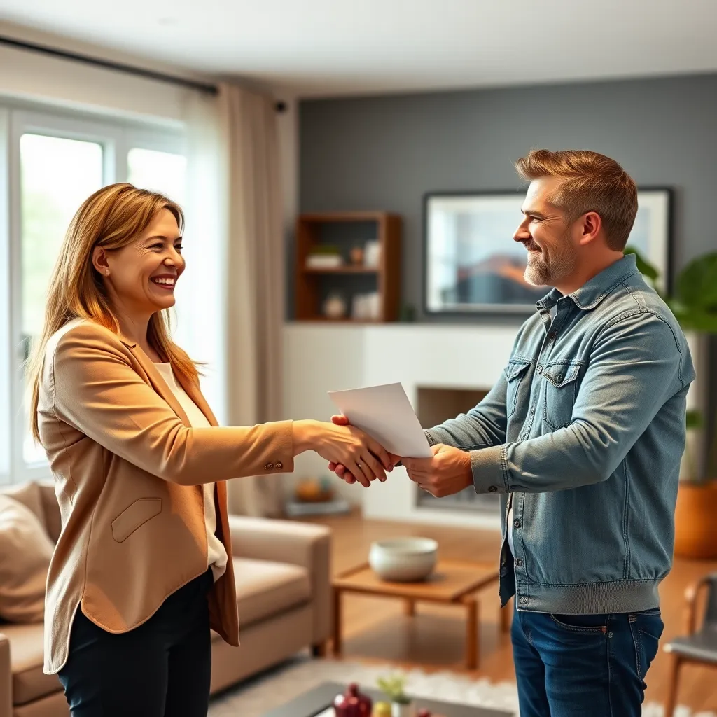 A real estate agent shaking hands with a happy couple who have just signed a contract to purchase a house. The agent is wearing a warm smile and looks genuinely excited for them. The couple is holding a set of keys to their new home, looking excited and relieved. The scene is set in a bright and spacious living room of the house, emphasizing a positive and celebratory atmosphere.