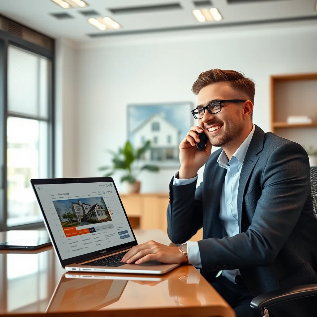 A real estate agent sitting at a desk in a bright, modern office, talking on the phone and smiling. They have a laptop open in front of them, displaying a property listing and a calendar with important dates highlighted. The room is well-lit and organized, conveying a sense of professionalism and organization.