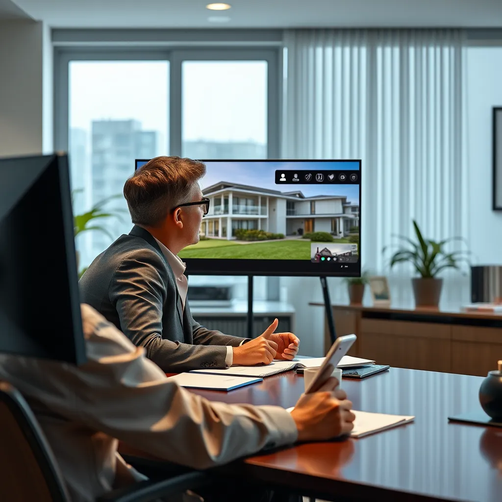 A real estate agent sitting at a desk in a well-lit office, engaging in a video call with a client, discussing a property listing and answering their questions clearly and transparently. The scene should convey a sense of open communication and trust.