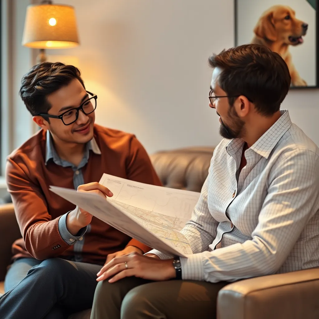 A real estate agent sitting with a client, attentively listening to their needs and discussing potential properties. The agent is holding a map and pointing to a specific area, demonstrating the personalized approach and tailored support offered.