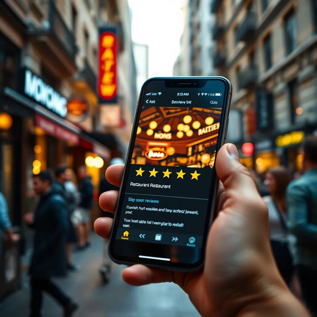 A close-up shot of a smartphone displaying a restaurant review app. The screen shows a brightly lit restaurant with a 5-star rating and glowing reviews. In the background, a bustling city street scene with people walking by and enjoying the city ambiance. The image should convey a sense of excitement and anticipation for discovering great food.