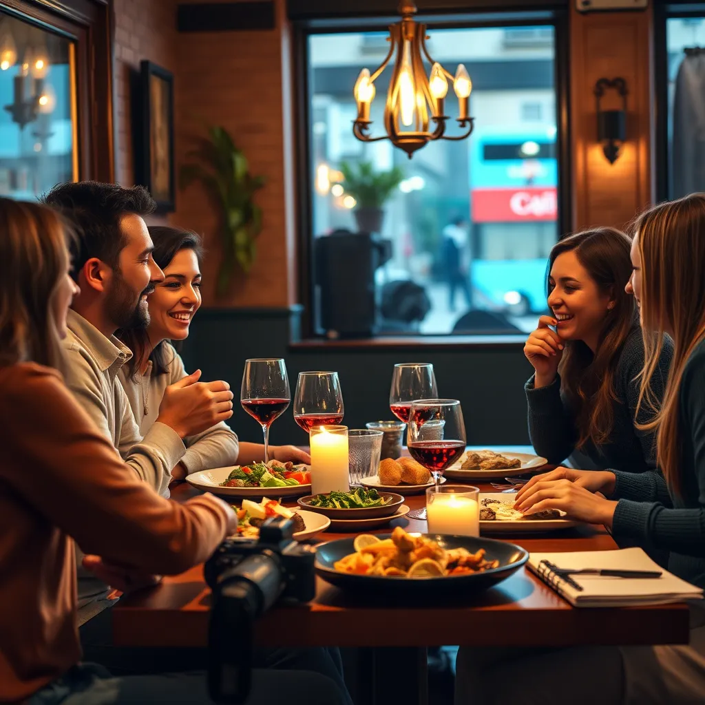 A group of friends enjoying a delicious meal at a cozy, candlelit restaurant. They are engaged in conversation, smiling and sharing their experience. A food blogger with a camera and notebook sits at a nearby table, documenting the restaurant's ambiance and food.