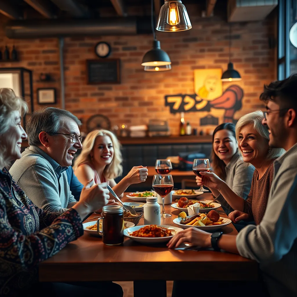 A group of friends sitting around a table at a restaurant, laughing and enjoying their meal. The restaurant is cozy and inviting, with warm lighting and exposed brick walls. The friends are all diverse in age and appearance, representing a variety of personalities. The scene should exude a sense of genuine connection and shared enjoyment.