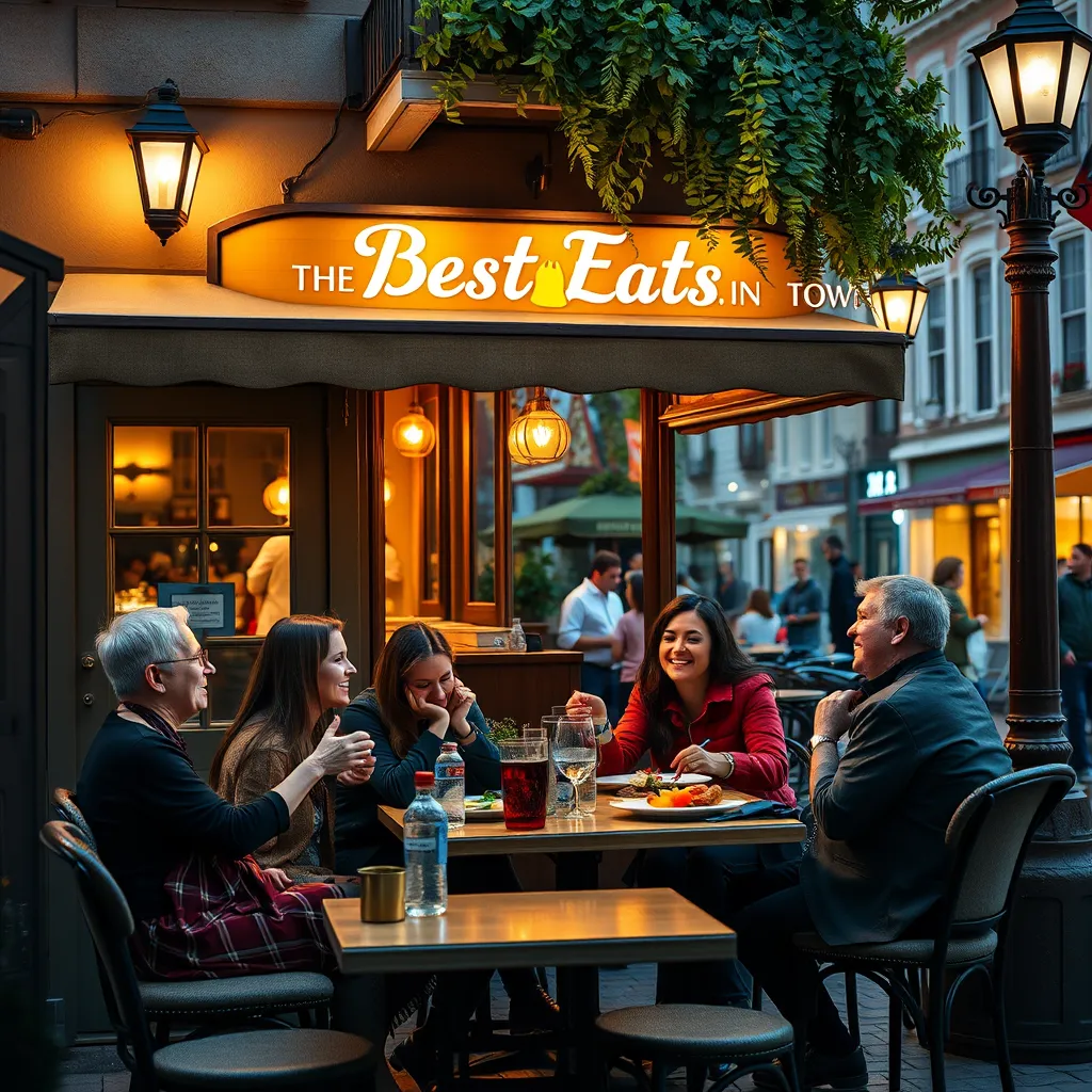 A group of friends sitting at a table outside a cozy, charming restaurant in a bustling town square. The restaurant has a sign that says 'The Best Eats in Town.' The friends are laughing and enjoying their meal. The image should convey a sense of community and authentic dining experience.