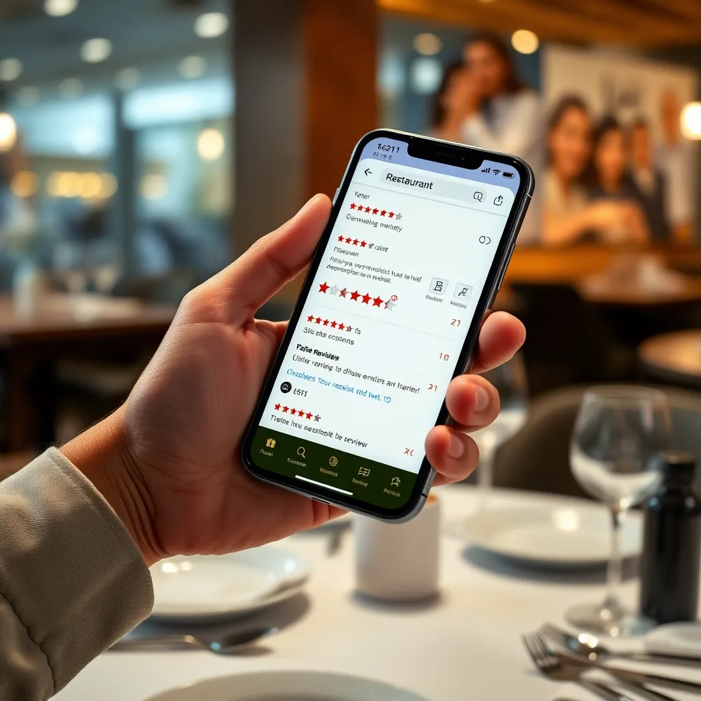 A person holding a smartphone, the screen displaying a restaurant's page on a popular online review platform. The image should be vibrant and show various reviews with stars and comments. The background should be blurred, showcasing a table set for a meal at a restaurant.