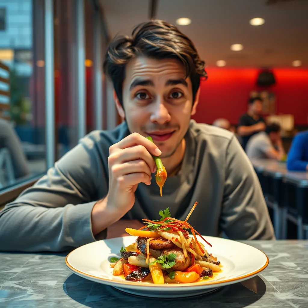 A person sitting at a table in a brightly lit restaurant, trying a dish that they've never had before. The dish is beautifully presented and visually appealing, with vibrant colors and textures. The person has an expression of curiosity and excitement on their face, suggesting that they are open to trying something new and different.