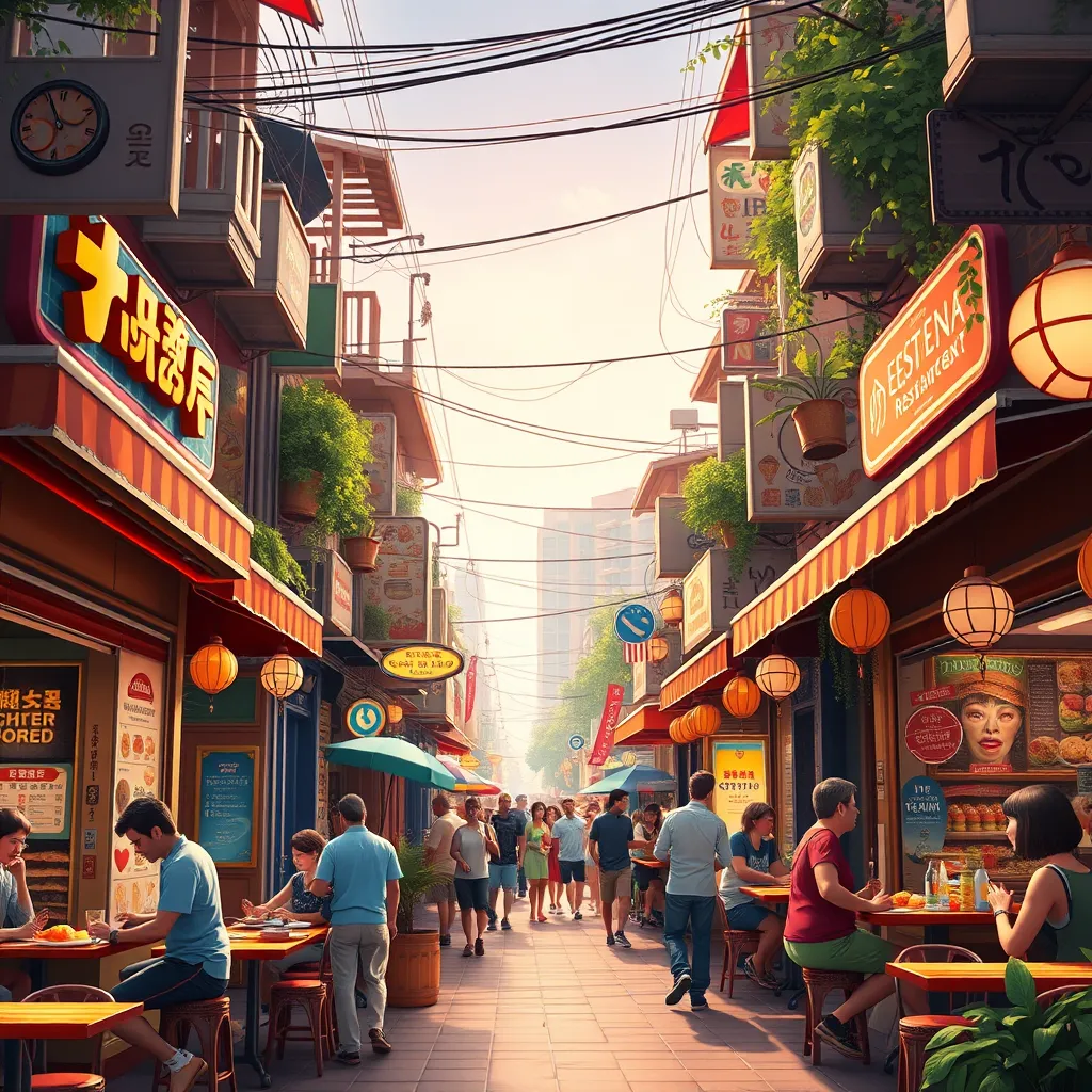 A photorealistic illustration of a vibrant, multicultural neighborhood street filled with diverse restaurants showcasing a wide variety of cuisines.  The street is alive with people enjoying meals, exploring menus, and interacting with friendly restaurant staff. The image captures a cheerful and welcoming atmosphere.