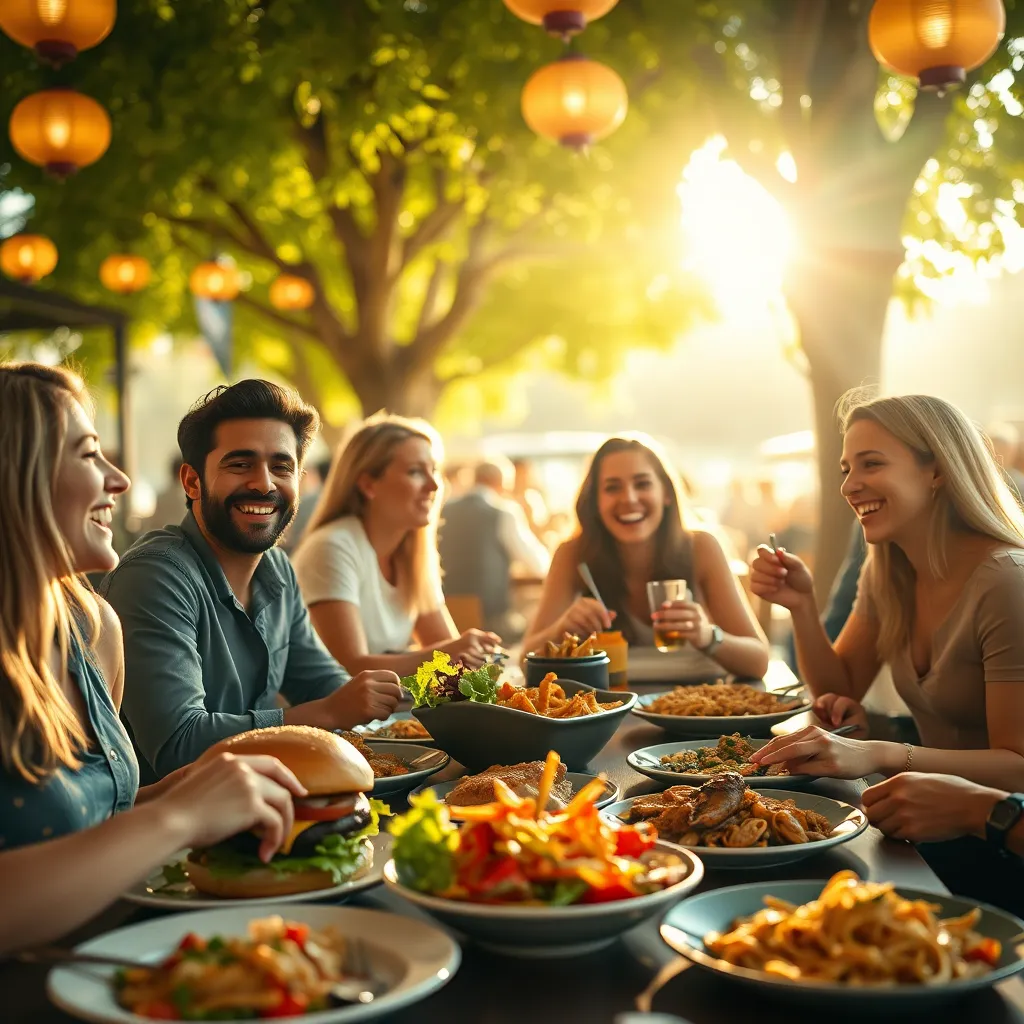 A photorealistic image of a diverse group of friends, dressed casually, sitting around a table at a bustling outdoor restaurant. The scene is bathed in warm, golden sunlight streaming through the trees. The table is laden with delicious dishes: a juicy burger, a colorful salad, and a plate of steaming pasta. The friends are laughing and enjoying their meal, creating a vibrant and inviting atmosphere. Capture the sense of community and shared experience with a focus on the friendly faces and the delicious food. Render the image in 8K resolution, with hyperrealistic detail and a high-quality depth of field.